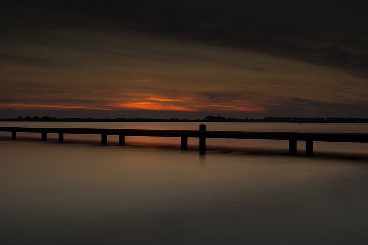 zwart, houten, dok, zonsondergang, Pier, water, Lake