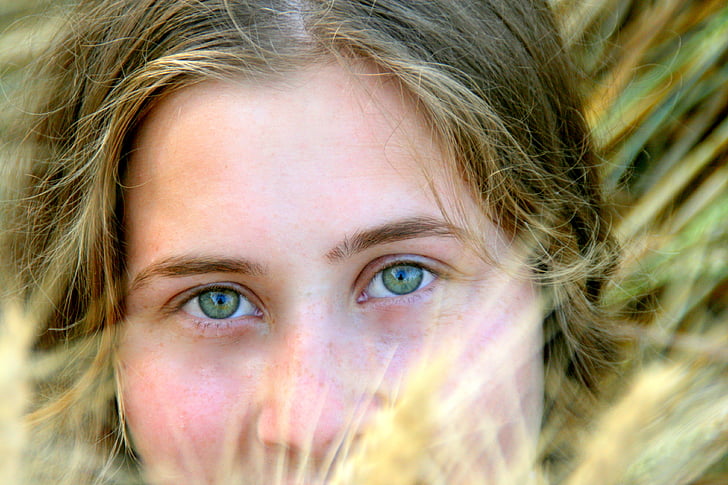 meisje, groene ogen, Portret, Grau, schoonheid