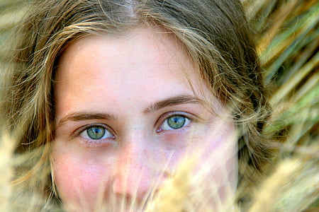Flicka, gröna ögon, porträtt, Grau, skönhet