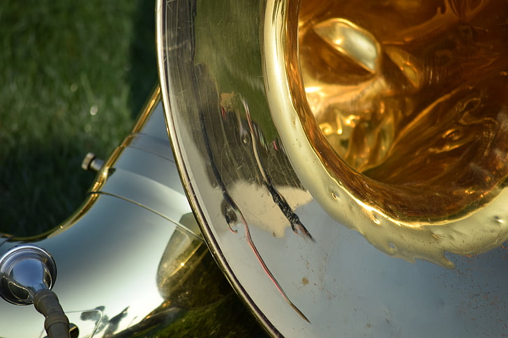 tuba, music, instrument, band, brass, sousaphone, reflection