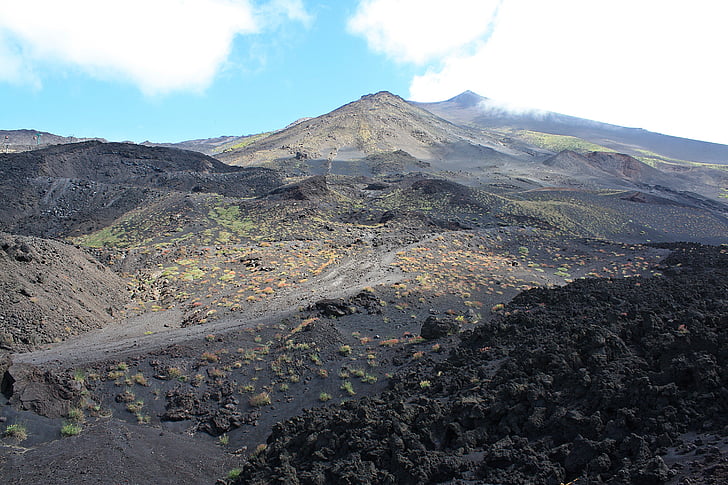 etna, volcano, sicily, crater, vegetation volcanic, black sand, italy