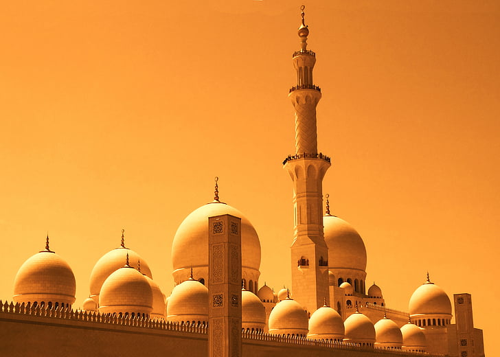 dubai, mosque, orange, gold, sky orange, twilight, landscape