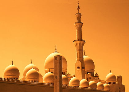 Dubai, moskeen, oransje, gull, himmelen oransje, Twilight, landskapet
