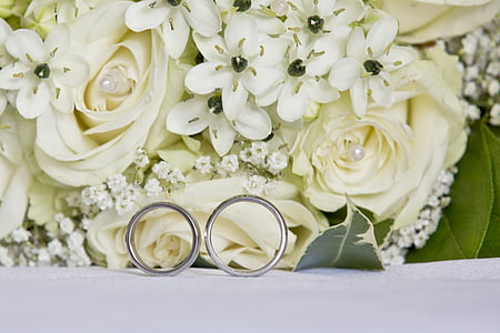 Svatba, kytice, růže, kroužky, bílé růže, květiny, máslového