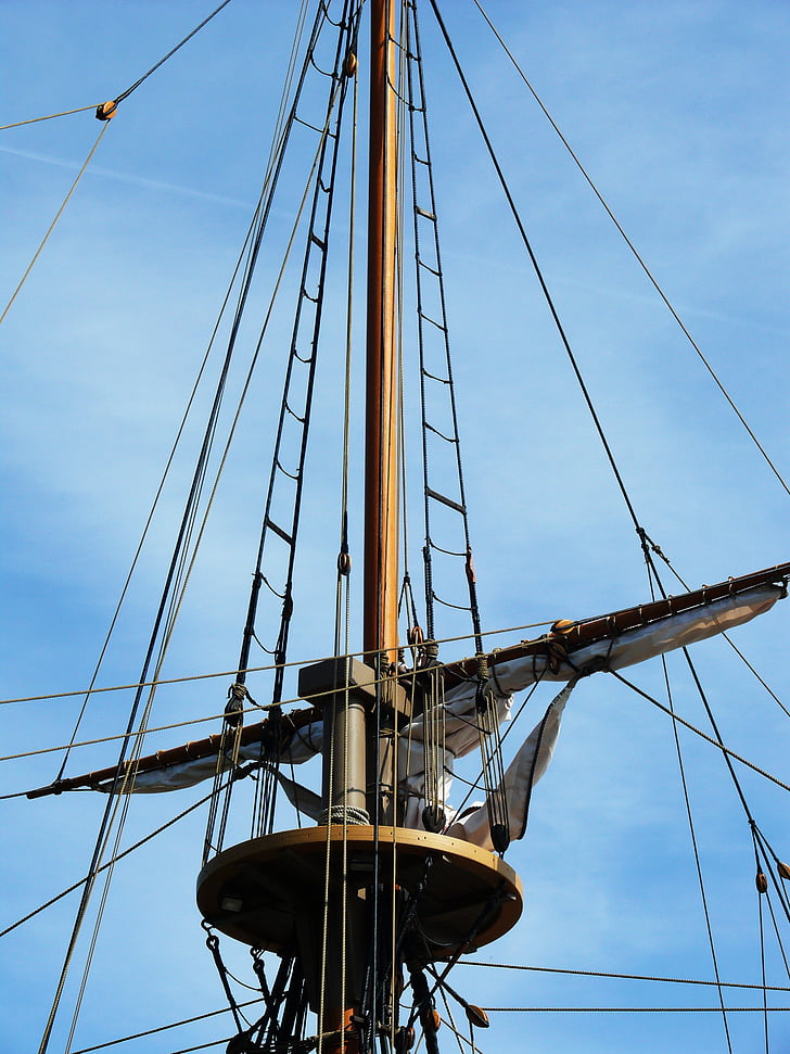 mast, pirate, crows nest, sky, ship, rigging, halyards