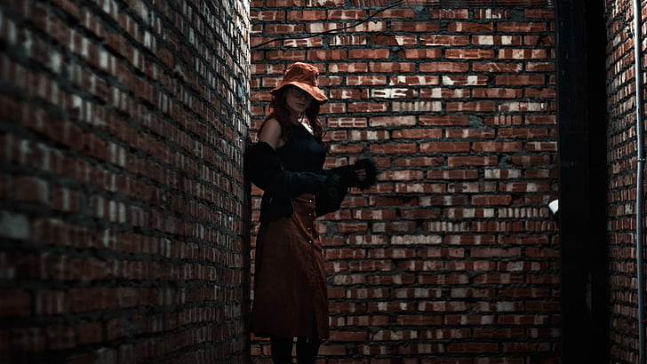 girl in the hat, skirt, in glasses, beautiful, brick, lady, glamour