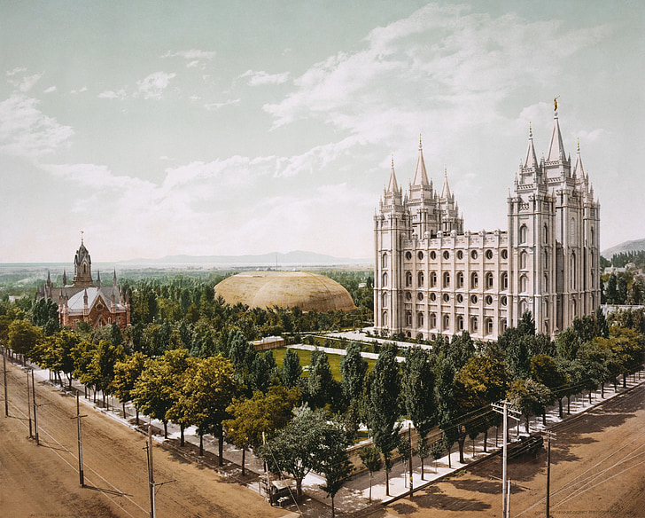 Temple square, kostel, Salt lake city, 1899, Fotochromová