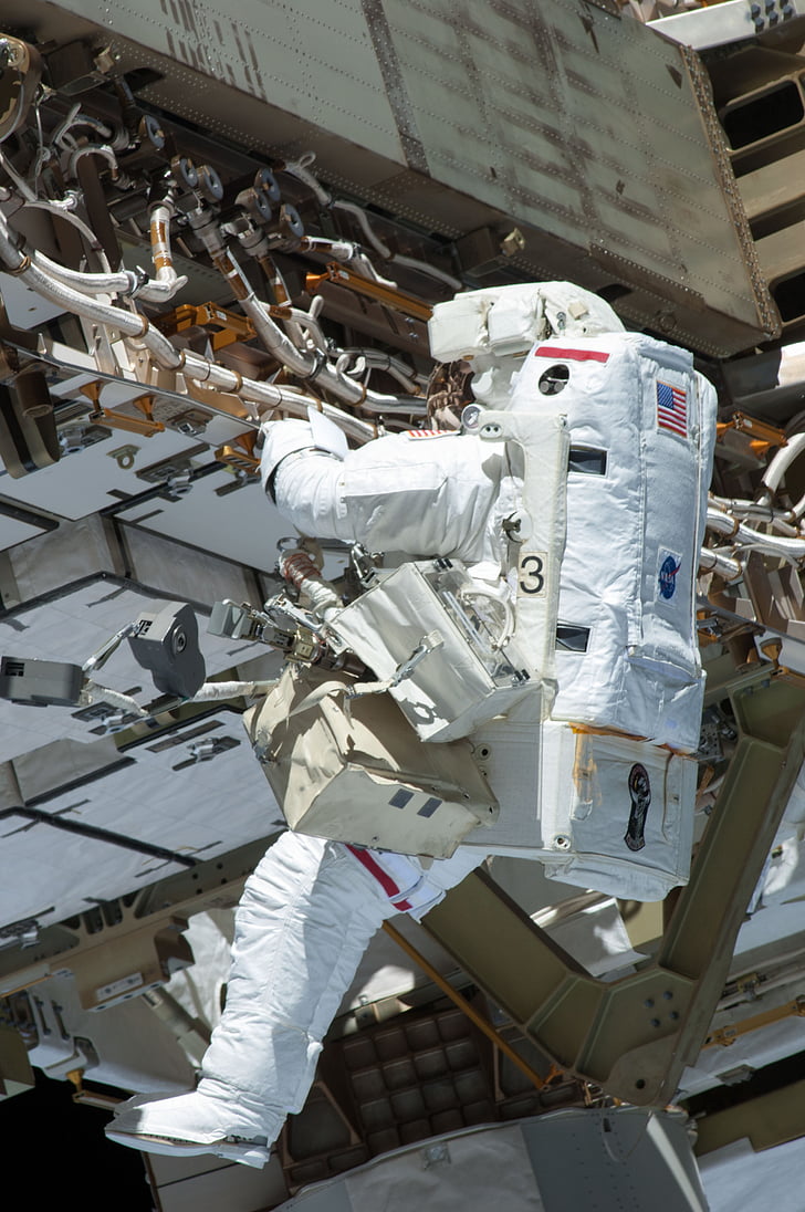 astronaut, spacewalk, space shuttle, discovery, tools, suit, pack