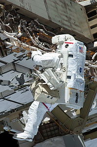astronaut, spacewalk, space shuttle, discovery, tools, suit, pack