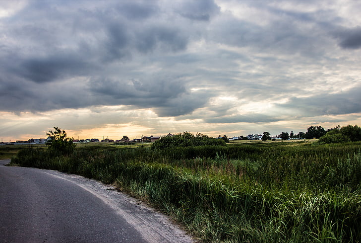 clouds, field, grass, outdoors, road, sky, travel