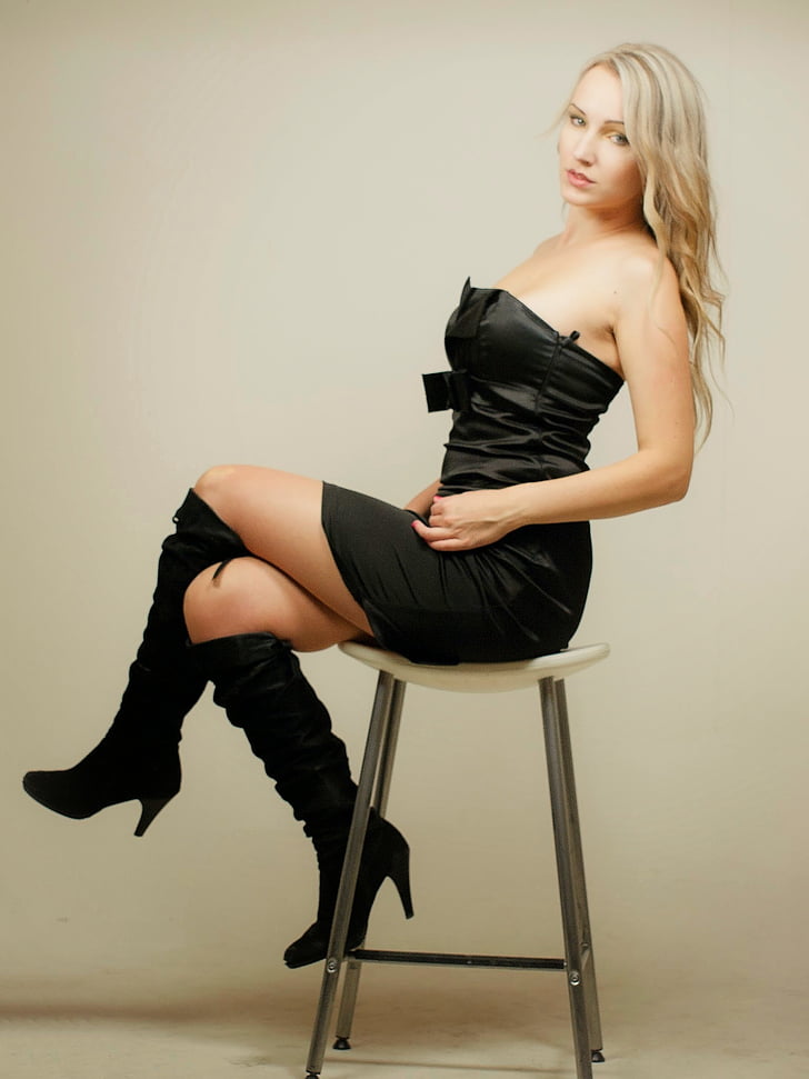 sitting on chair, sitting, girl, woman, blond, blondie, little black dress