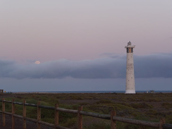 lighthouse, moon, evening, twilight, sea, nature