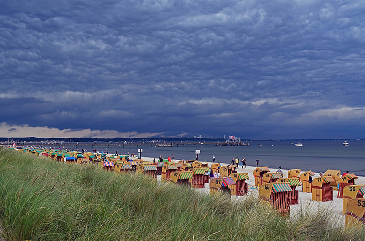 summer vacation, baltic sea coast, lübeck bay, beach, rain front