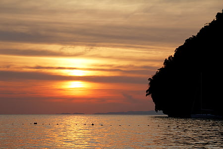 Otok, stijena, zalazak sunca, sjena, more, oceana, Tajland