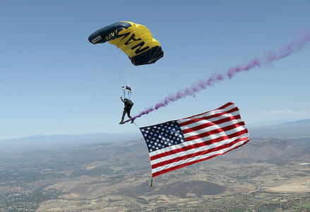 parachute, é.-u., américain, drapeau, fumée, parachutiste, militaire