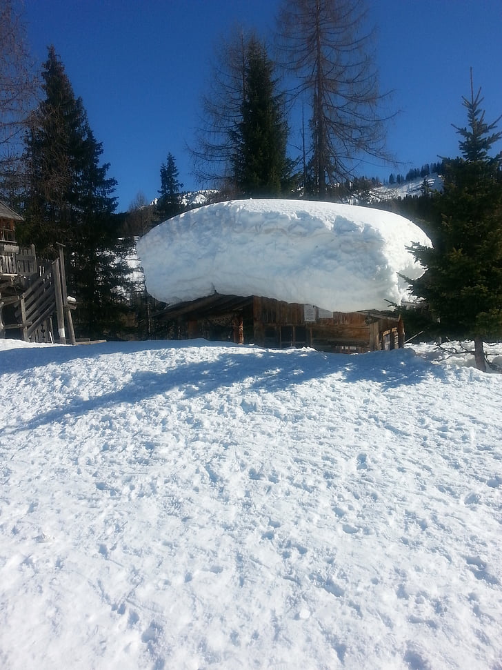 dolomites, sun, a lot of snow, hut, roof, winter, snow