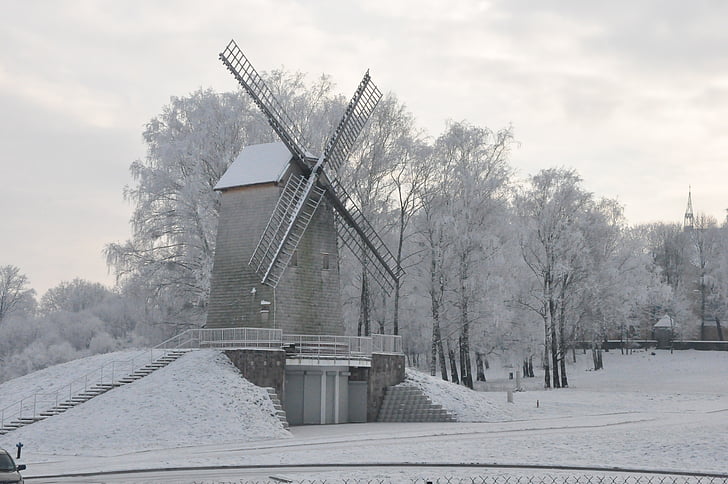 podlasie, winter, windmill, biel, frost