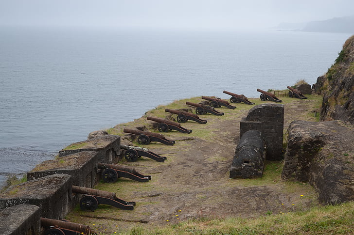 fortress, cannons, defense, strong, fog, shore, old