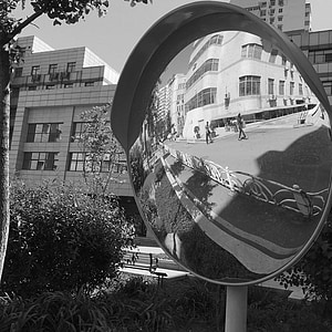 spherical mirror, mirror, building, street, reflection, traffic