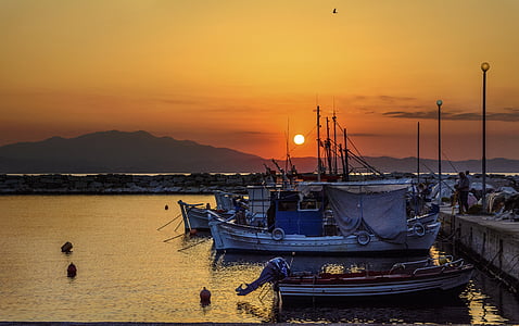 Гърция, Тасос, залез, лодки, море, слънце, романтика