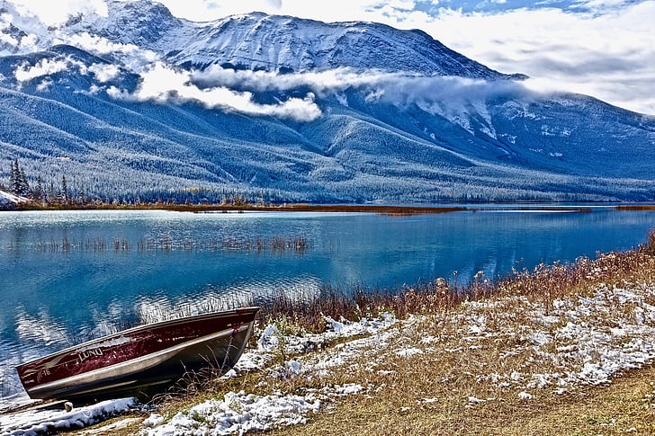 lake, wilderness, boat, reflection, mountains, snow, nature