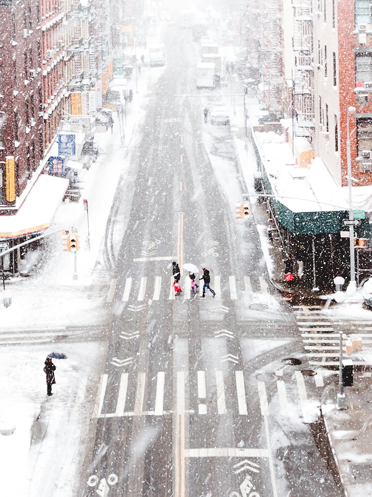 сняг, град, градски, хора, пешеходна, сняг, град, Лейн