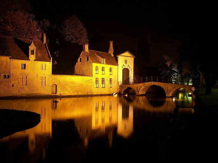 Bruges, grad, selo, noć, odraz, vode, osvijetljeni