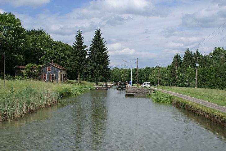 france, channel, lock, forest, houseboat, water channel, alsace