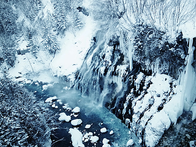 Hokkaido, vodopád, sníh, řeka, Zimní, krajina