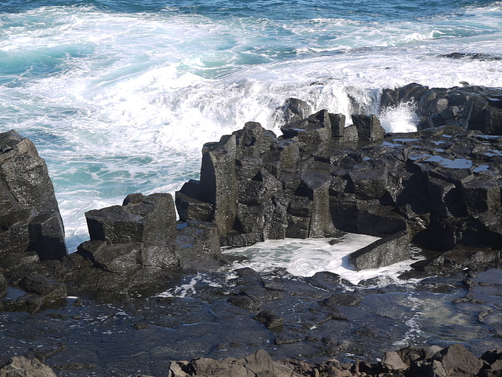 surf, onda, pedra de lava, submersa, fronteira, defesa, inabalável