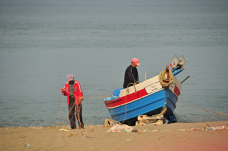 rybár, more, NET, loďou, Oued laou, Maroko, námorných plavidiel