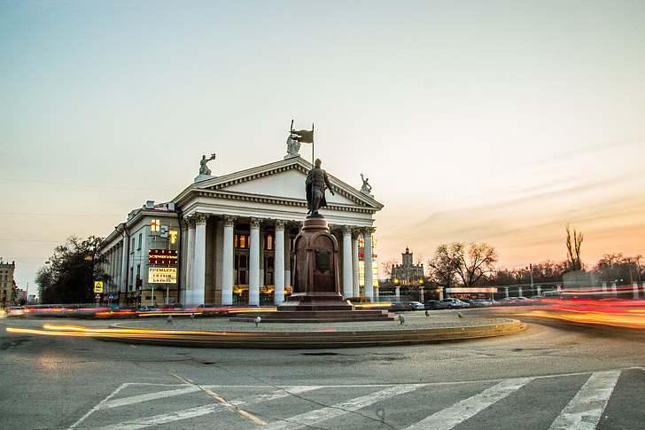 volgograd, evening city, net, lights, sunset, night city, theatre
