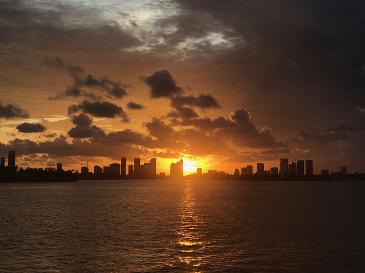 Miami, Brickell, Baía, pôr do sol, centro da cidade, cidade, Florida