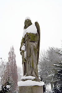 ängel, snö, kyrkogården, sten, staty