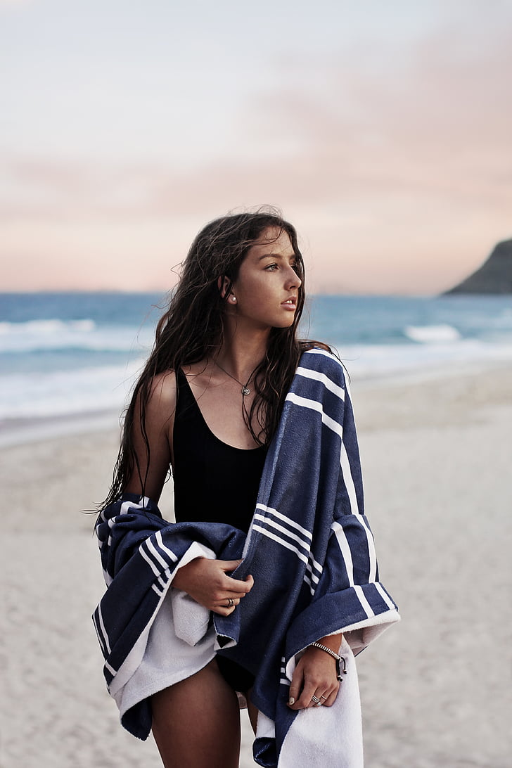 woman, beach, wearing, black, one, piece, towel