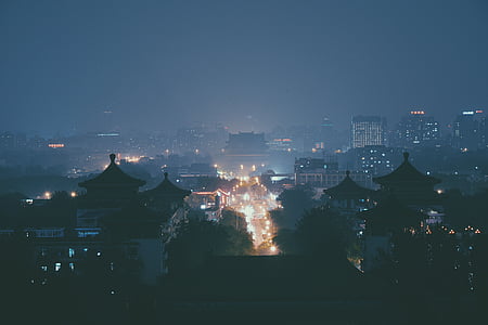 夜, 都市の景観, 町, アジア, 日本, 空, 都市