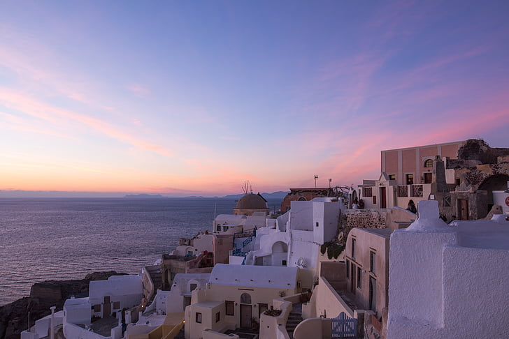 Santorini, pôr do sol, hora mágica, Oia, Grego, Grécia, Ilha