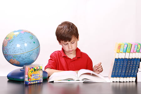 Pojke, läsning, studera, böcker, barn, unga, liten
