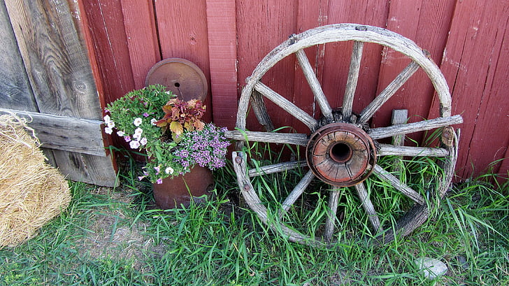 Wagon wheel, boerderij, boer, rond, spaken, verlopen