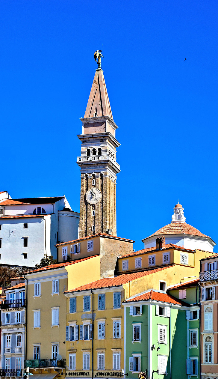 piran, tower, space, homes, sky, church, colorful