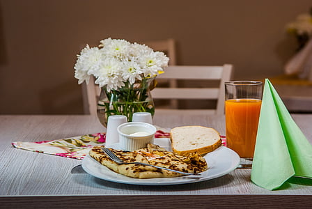 pancake, breakfast, flowers, food, meal, plate, table
