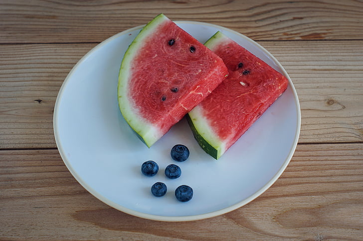 watermelon, fruit, red, plate, jagoda, blueberries, piece
