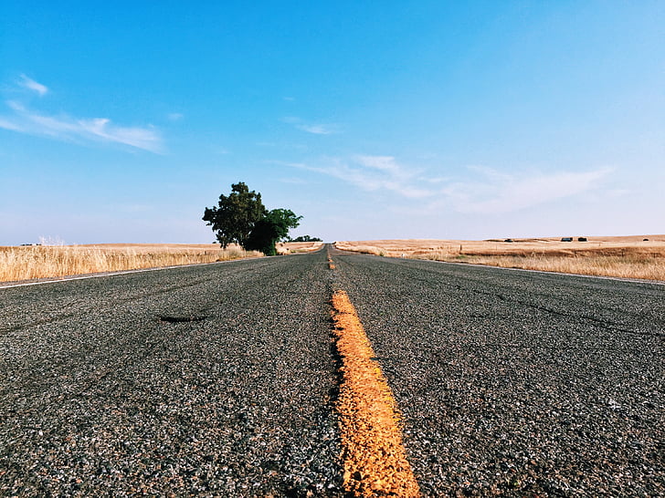 asphalt, desert, grass, perspective, road, sky, travel