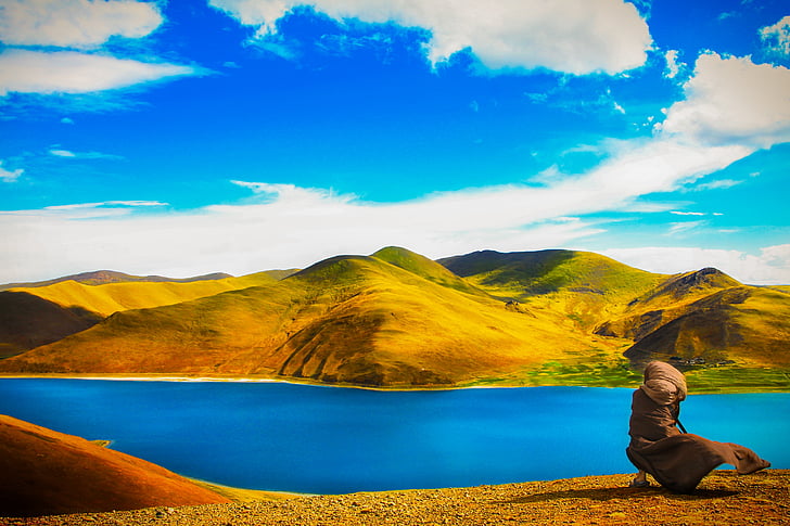 clouds, grass, hdr, idyllic, lake, landscape, mountains