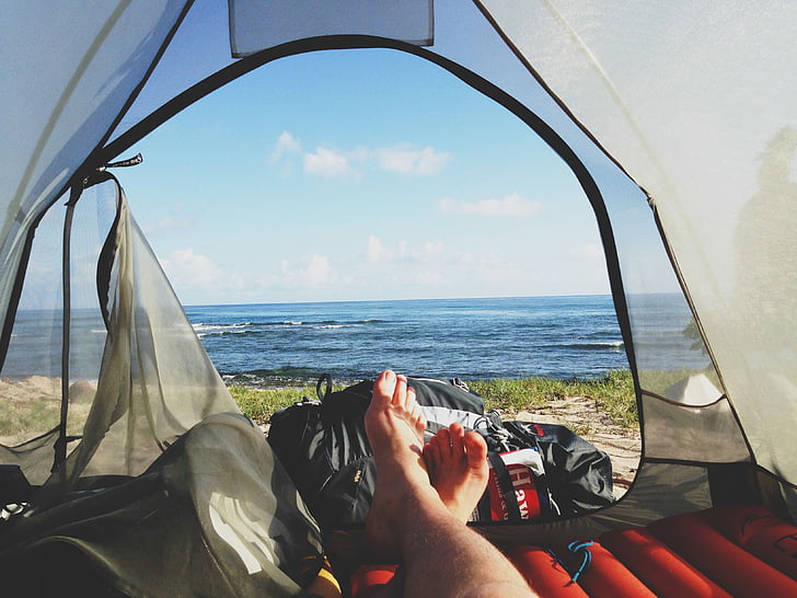 tent, camping, outdoors, lake, water, feet, sea