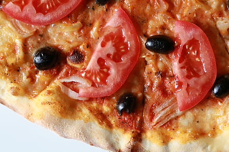 Pizza, paradajka, olivy, taliančina, misky, jesť, jedlo