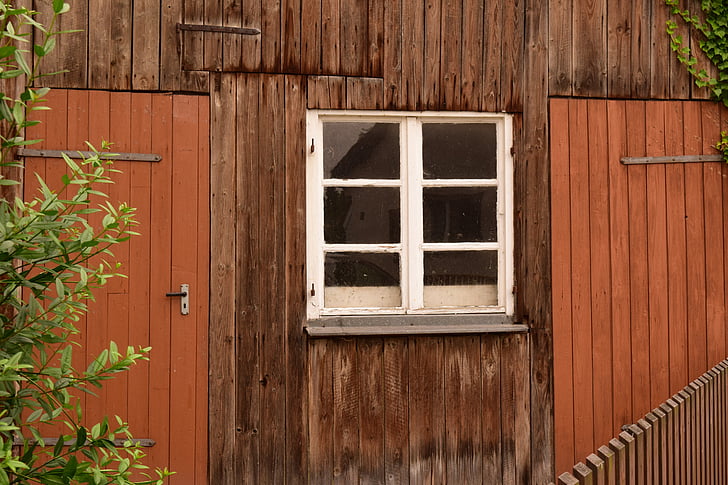 Hut, fasad, gamla, timmerstuga, trä fasad, fönster, landsbygdens