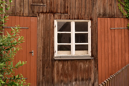 Hut, fasad, gamla, timmerstuga, trä fasad, fönster, landsbygdens