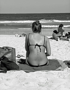 bikini, stranden, sjøen, ung kvinne, svømme, sexy, soling