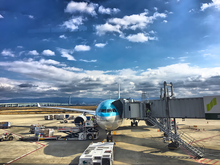 plane, airport, korean air, cloud, transportation, travel, airport runway
